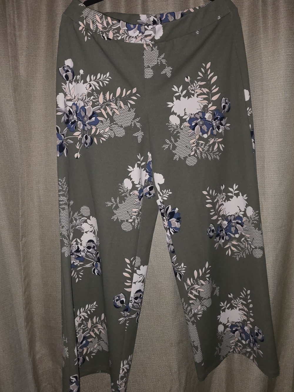 Cato Olive Green Wide Leg Pants with Blue & Cream Floral Print